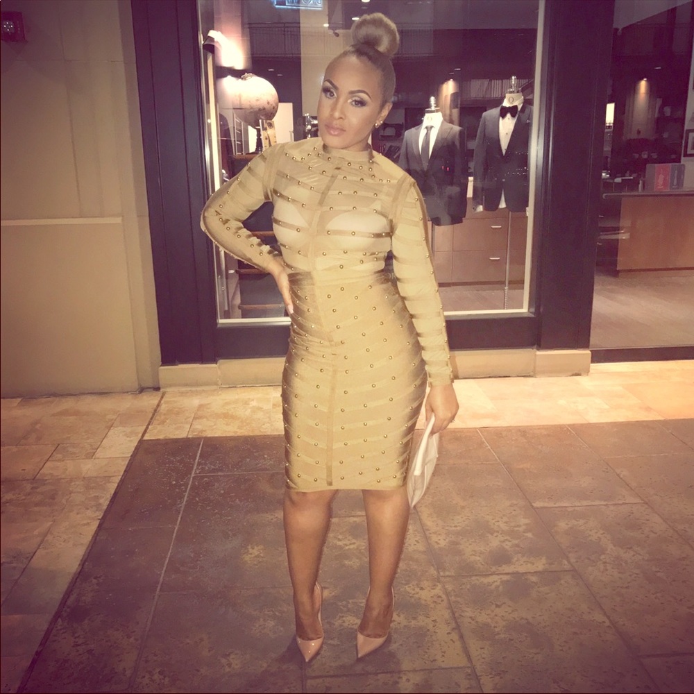 Olive Green Gold Studded Body Con Dress
